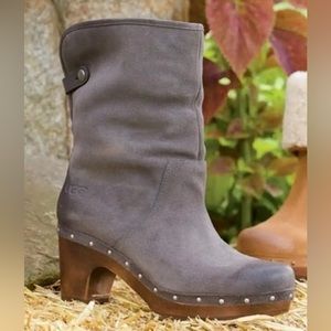 UGG Lynnea suede studded heeled ankle clog booties in charcoal with shearling